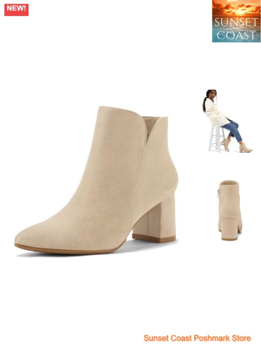 Women's Chunky Block Heel Pointed Toe Suede Ankle Boots Side Zip Dressy Booties